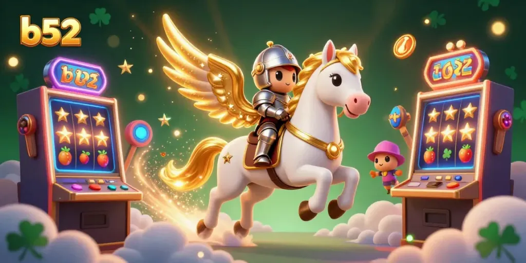 Experience the thrill of b52 slots with a whimsical knight and celestial horse in a vibrant casino scene.