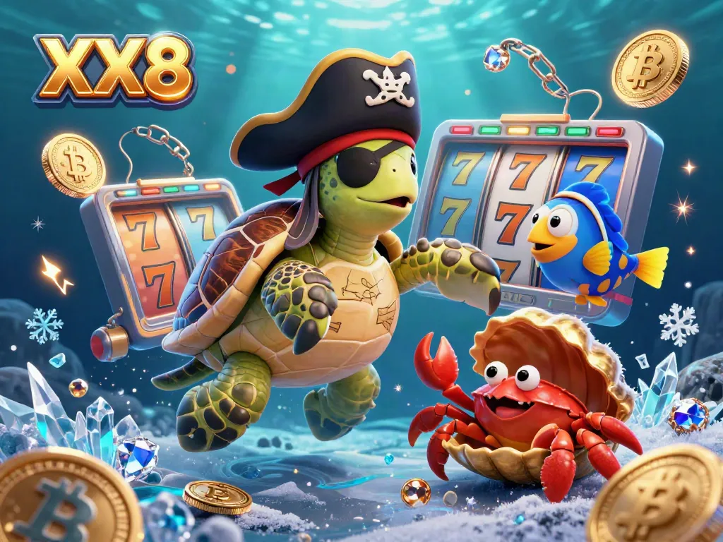 Spin the XX8 slot reels in this vibrant underwater scene featuring a pirate turtle and glowing cryptocurrency coins.