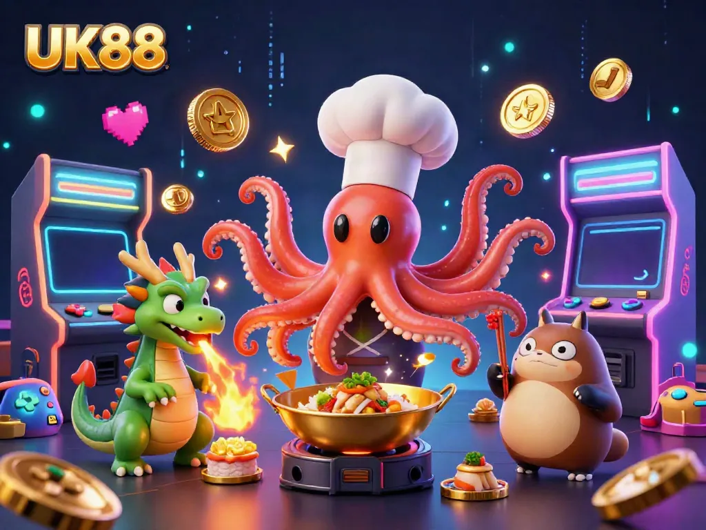 Engage with UK88's thrilling gameplay in a vibrant casino environment featuring colorful characters.