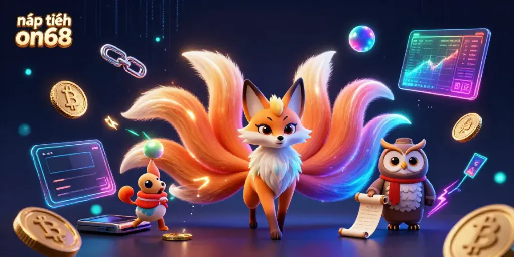 Play and win with nạp tiền on68 in this vibrant digital casino scene featuring glowing spirits.