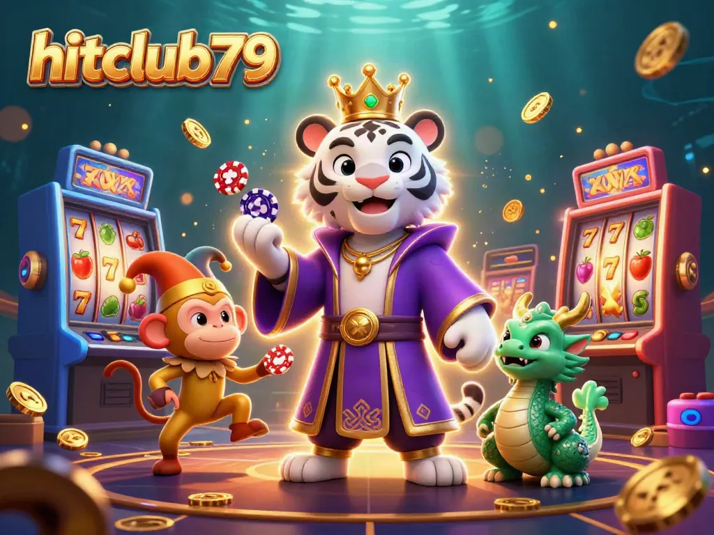 Engage in the thrilling atmosphere of hitclub79 featuring a cartoon tiger, monkey, and jade dragon amidst slots and vibrant game elements.