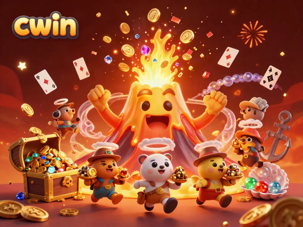 Experience the thrill of cwin as a golden volcano erupts treasures in a vibrant casino scene.