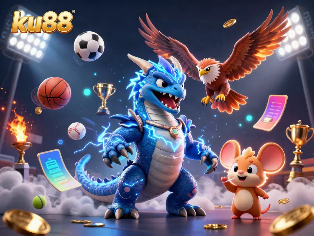 ku88 showcases a dynamic sports betting scene with cartoon characters and betting elements