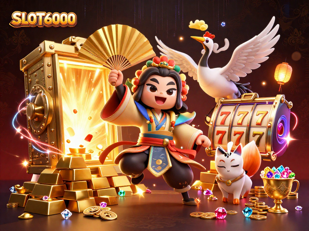 SLOT6000 showcases a vibrant illustration of kabuki characters amidst a rich casino scene filled with treasures and game elements.
