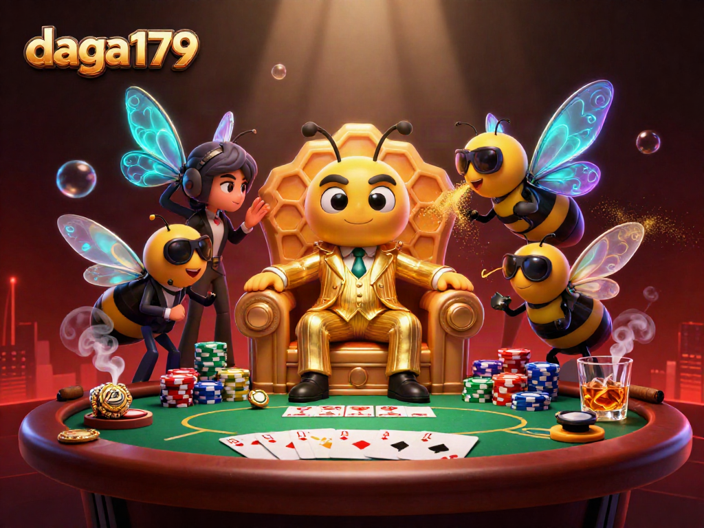 daga179 showcases an energetic poker scene with a bumblebee mob boss and dynamic casino elements.