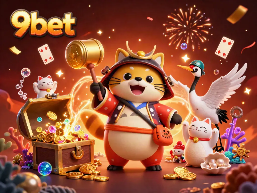 Experience the excitement of 9bet with cheerful tanuki, crane, and fortune cats in a vibrant gaming scene.