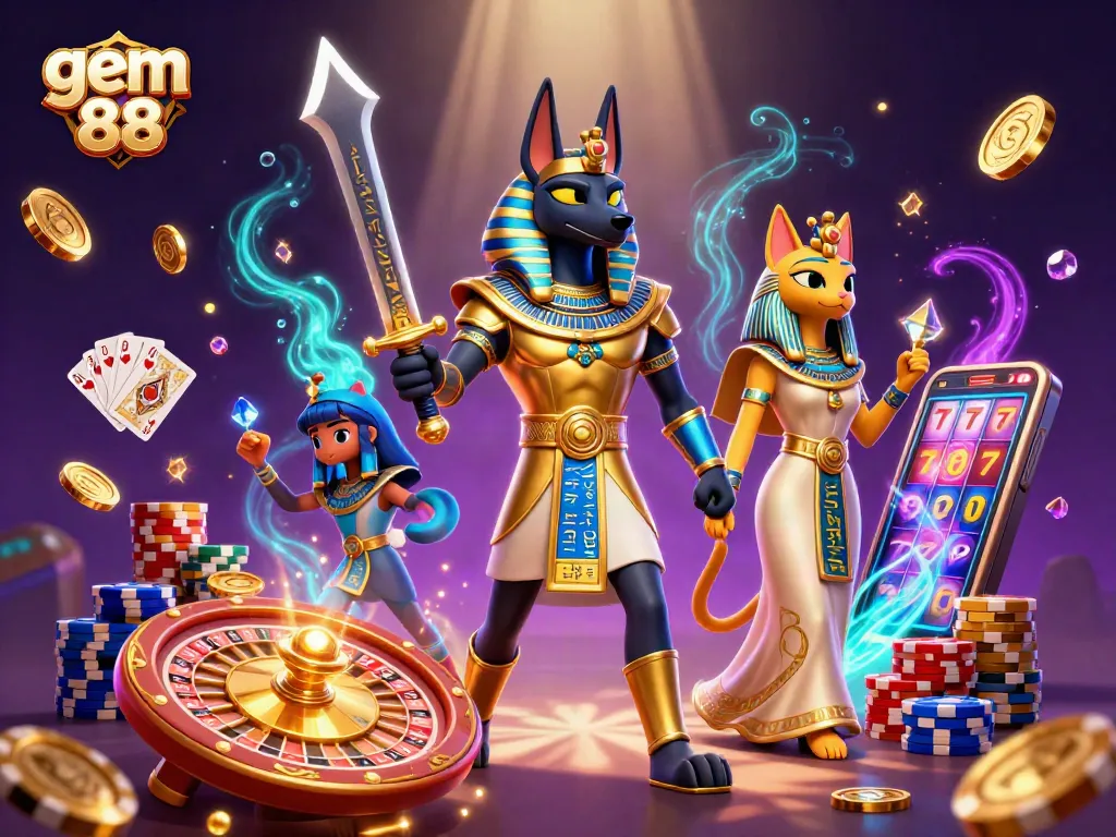 Experience thrilling gameplay at gem 88 with Anubis and Bastet amid a cascade of coins and casino elements.