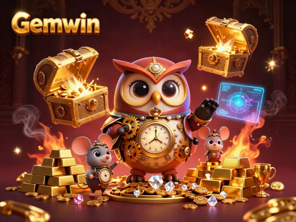 Experience Gemwin's dazzling casino world with vibrant gems, golden treasures, and a mystical steampunk owl.