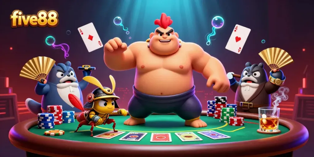 Experience thrilling poker action with five88 featuring a sumo wrestler rooster and samurai cricket in a vibrant casino scene.