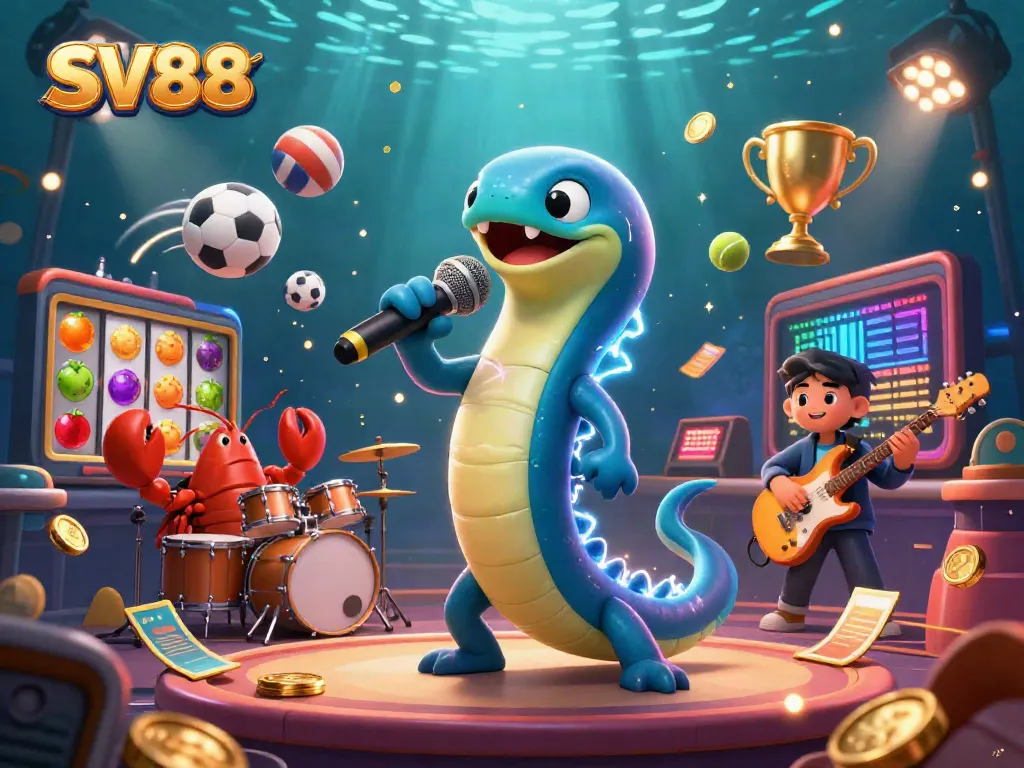 SV88 sparks excitement with an electrifying DJ eel and vibrant casino elements in a dynamic underwater scene.