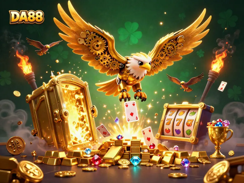 Experience DA88 casino excitement with a 3D illustration of a golden eagle amidst cascading slot symbols and treasures.