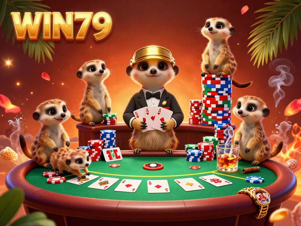 Engage in thrilling gaming experiences with WIN79's vibrant meerkat casino scene showcasing poker elements.