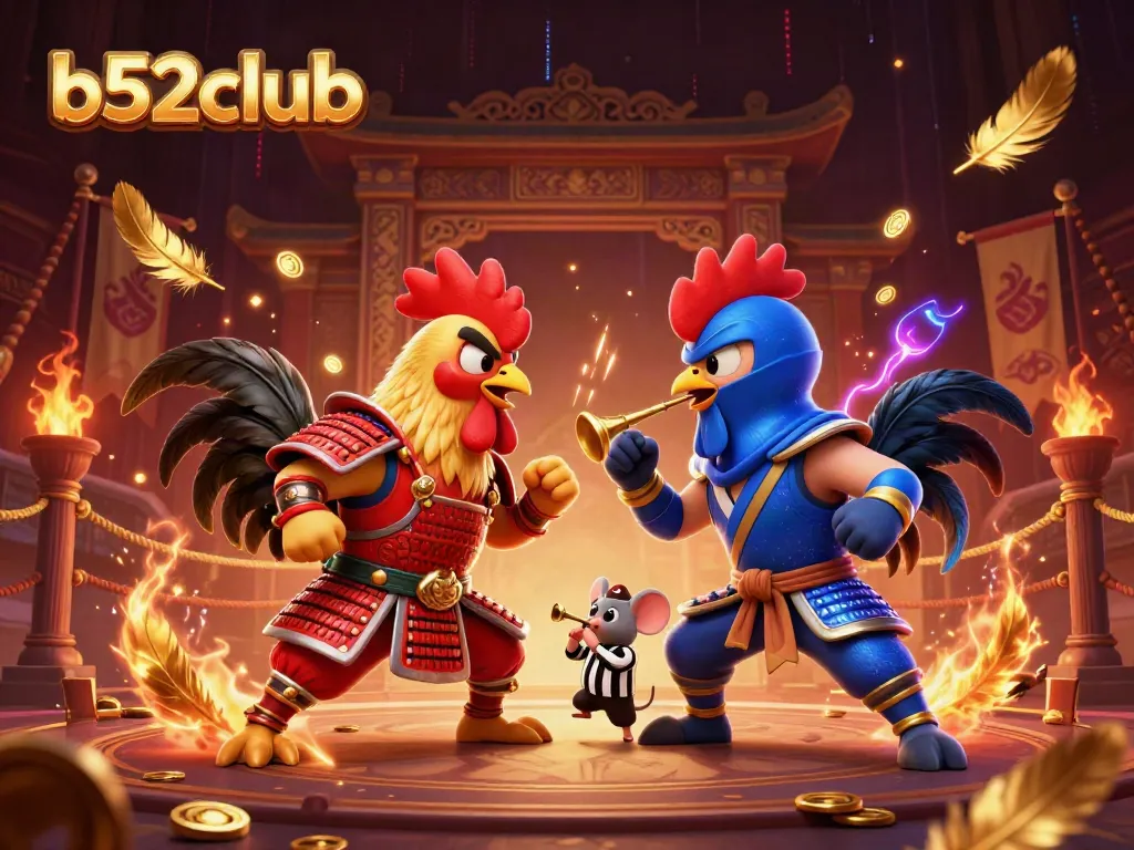 Engage in thrilling play at b52club with vibrant fighting roosters and atmospheric casino effects.