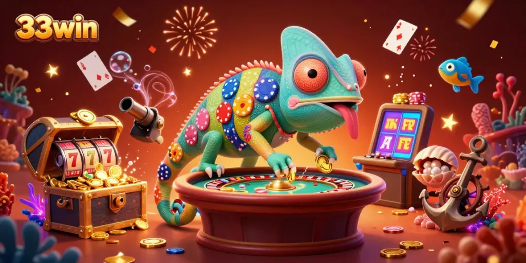 Engaging illustration of vibrant casino theme showcasing 33win with a chameleon owner, slot reels, and confetti.