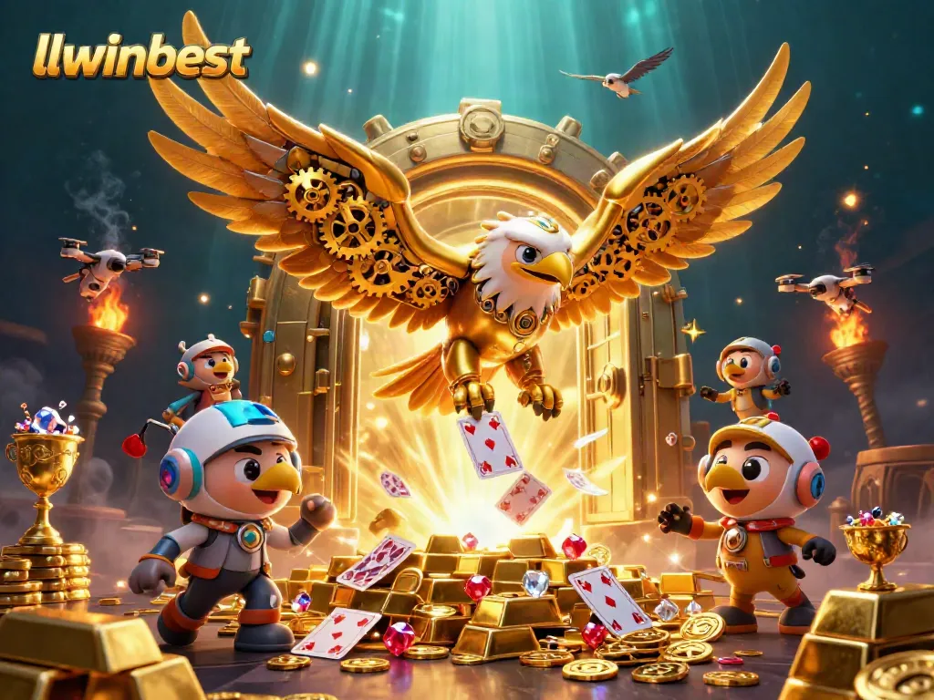 Experience the thrill of gaming with llwinbest as a cybernetic eagle dives through vibrant cards in a treasure-filled scene.