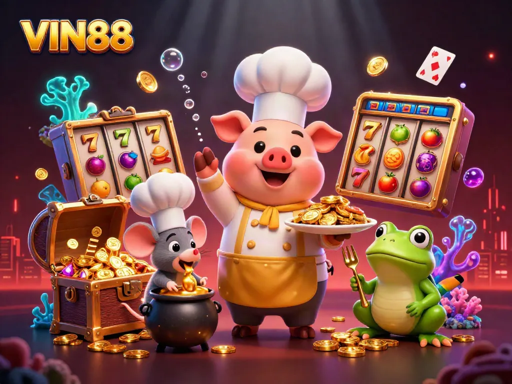 Experience gaming excitement at VIN88 with a chef pig serving jackpot gold coins in a lively casino scene.