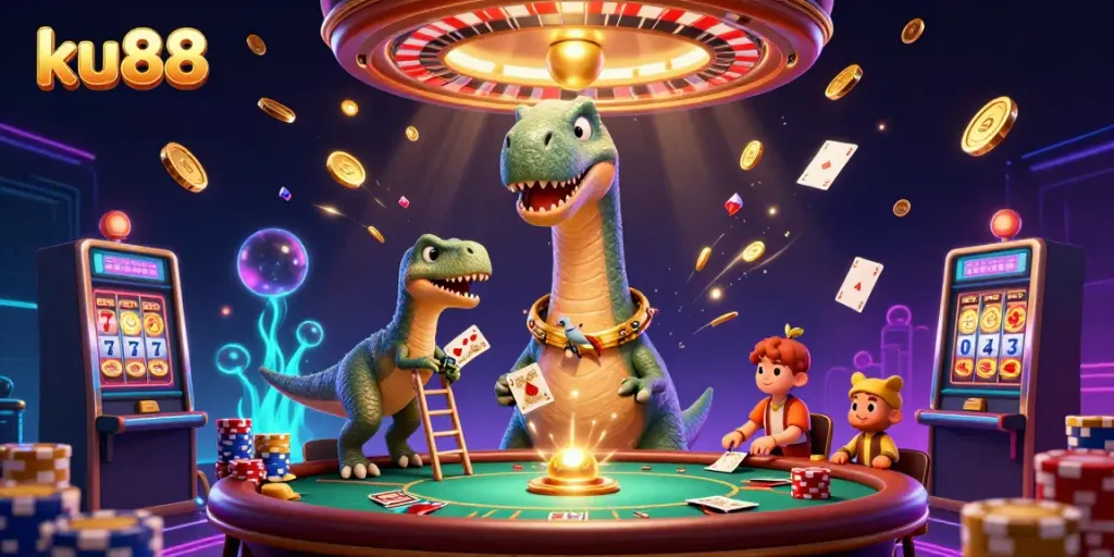 Join the excitement at ku88’s vibrant casino with a giant brontosaurus and lively characters!