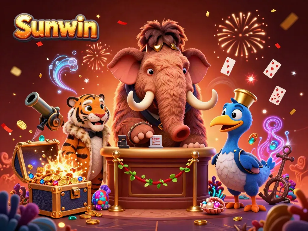 Experience the excitement of Sunwin with a lively casino scene showcasing engaging characters and dynamic game elements.