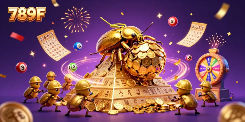 Engage in thrilling games at 789F, surrounded by festive casino symbols and dynamic lottery elements.