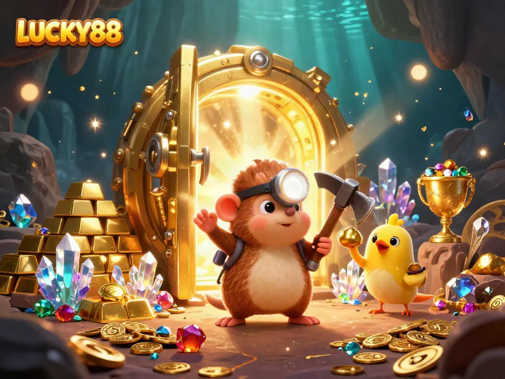 Join the LUCKY88 adventure with a treasure hunter mole and his canary companion amidst dazzling riches.