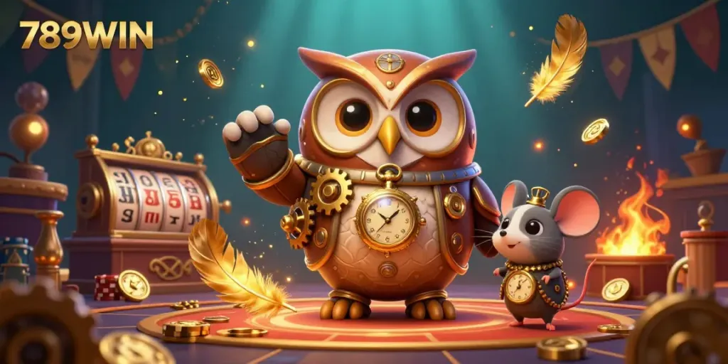 Engage with 789WIN in this vibrant 3D casino scene showcasing steampunk characters, slot elements, and dynamic particles.