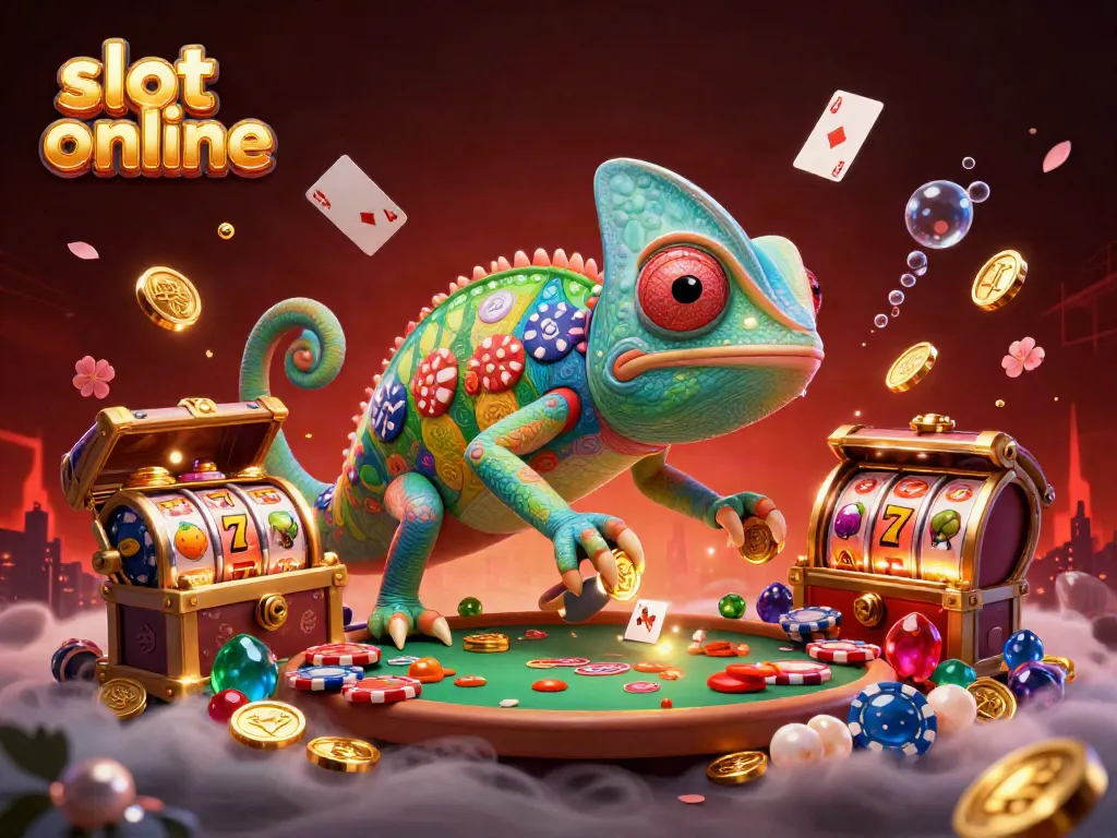 Experience dynamic slot online excitement with rich visuals of a chameleon casino owner and vibrant game elements.