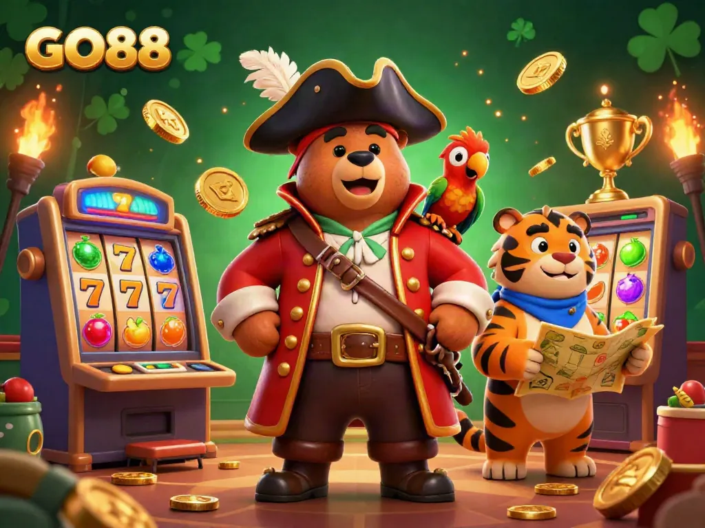 Experience GO88's thrilling casino atmosphere with lively characters and vibrant gaming elements.