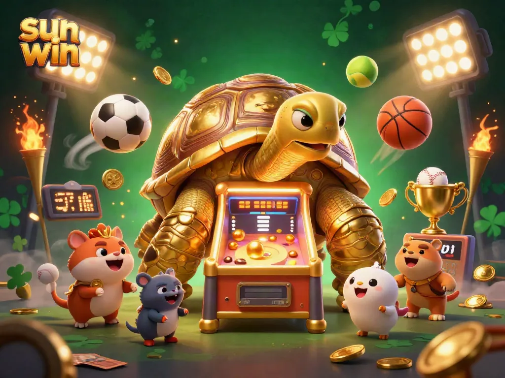 Experience the excitement of sun win with a golden tortoise pinball and dynamic sports betting elements.