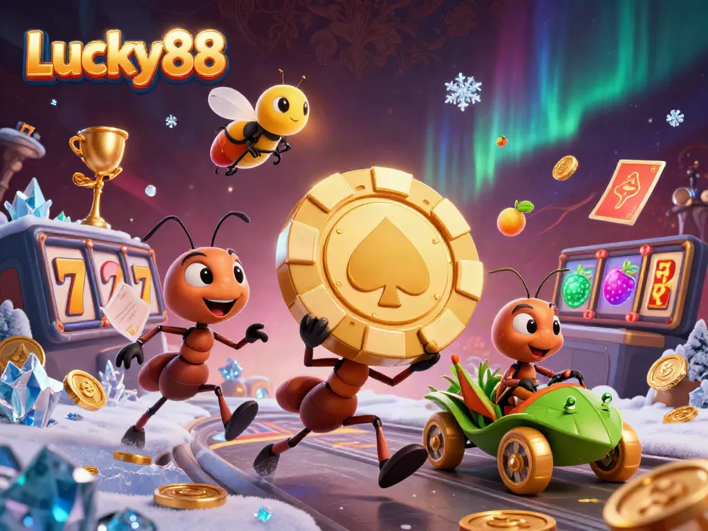 Experience thrilling gameplay at Lucky88 with a delightful heist scene of ants in a vibrant casino environment.