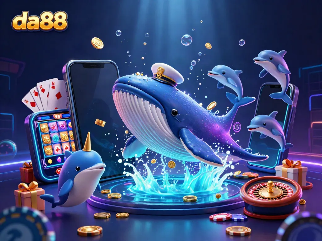 Experience the thrill of gaming at da88 with a lively underwater casino scene featuring a whale and narwhal.