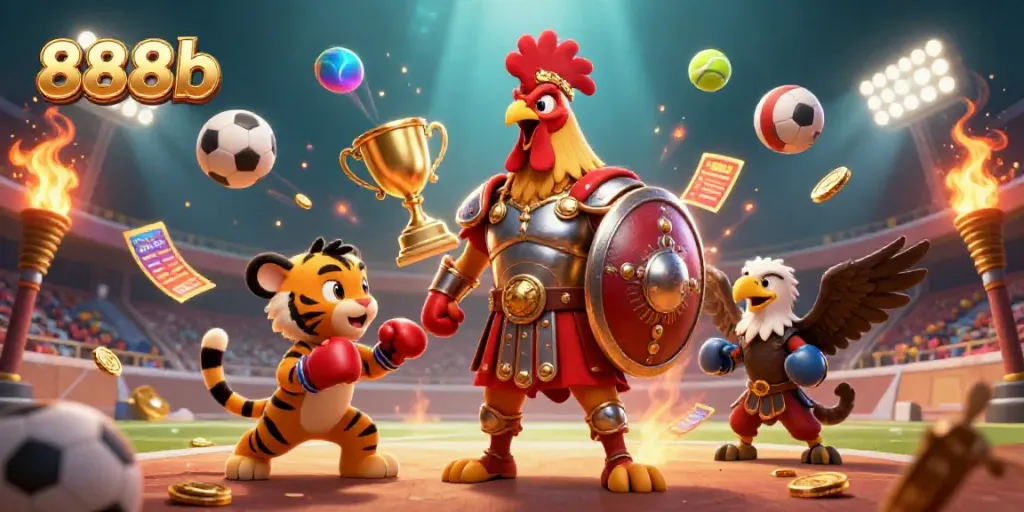 Join the excitement of 888b's dynamic sports environment featuring engaging characters and vibrant action.