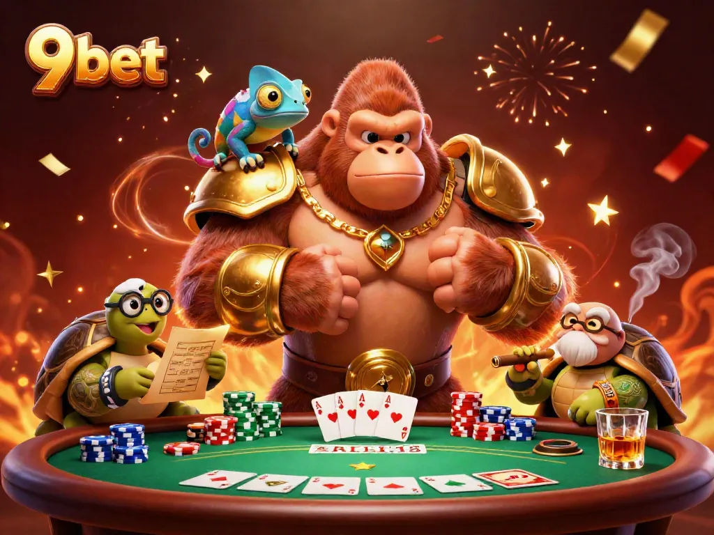 Experience the thrill of 9 bet with a gorilla king at a vibrant poker game featuring dynamic elements and colorful companions.