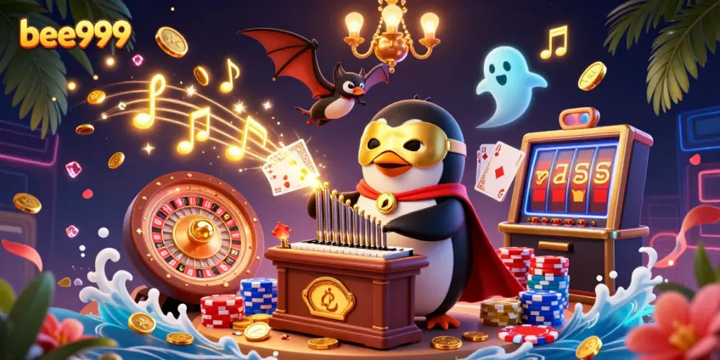 Engage in thrilling gameplay at bee999 with a 3D cartoon penguin organizing an exciting casino scene.
