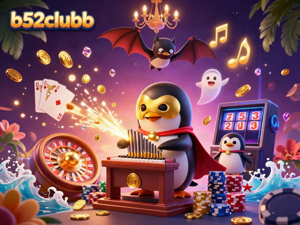 Experience the excitement of b52clubb with a cartoon penguin playing a golden coin organ amidst a vibrant casino scene.