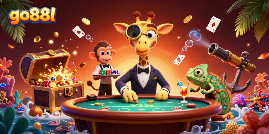 Experience winning moments at go88l with a vibrant casino scene featuring a high-roller giraffe and colorful game elements.