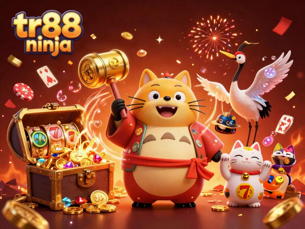 Engage with the excitement of tr88 ninja at this vibrant casino scene featuring a cheerful tanuki and lucky symbols.