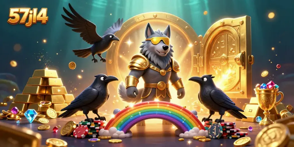 Engage with 57jl4 in a vibrant 3D casino scene featuring Norse mythology-inspired characters.