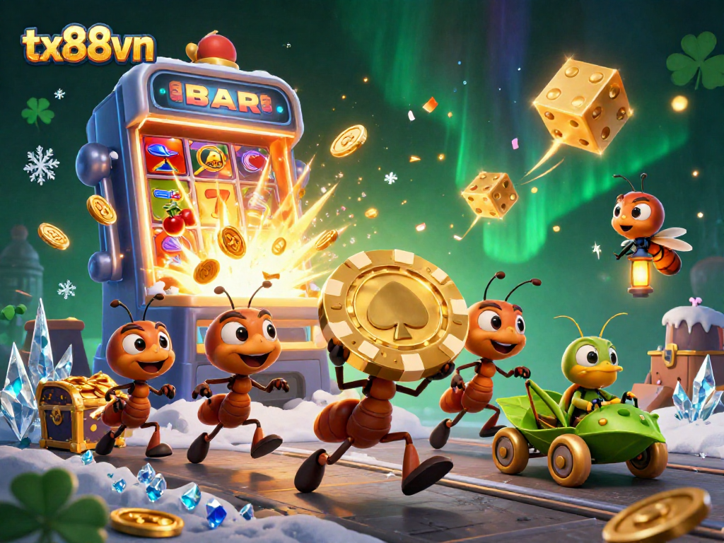 Experience thrilling gameplay at tx88vn with vibrant 3D illustration of ants heisting a massive poker chip.