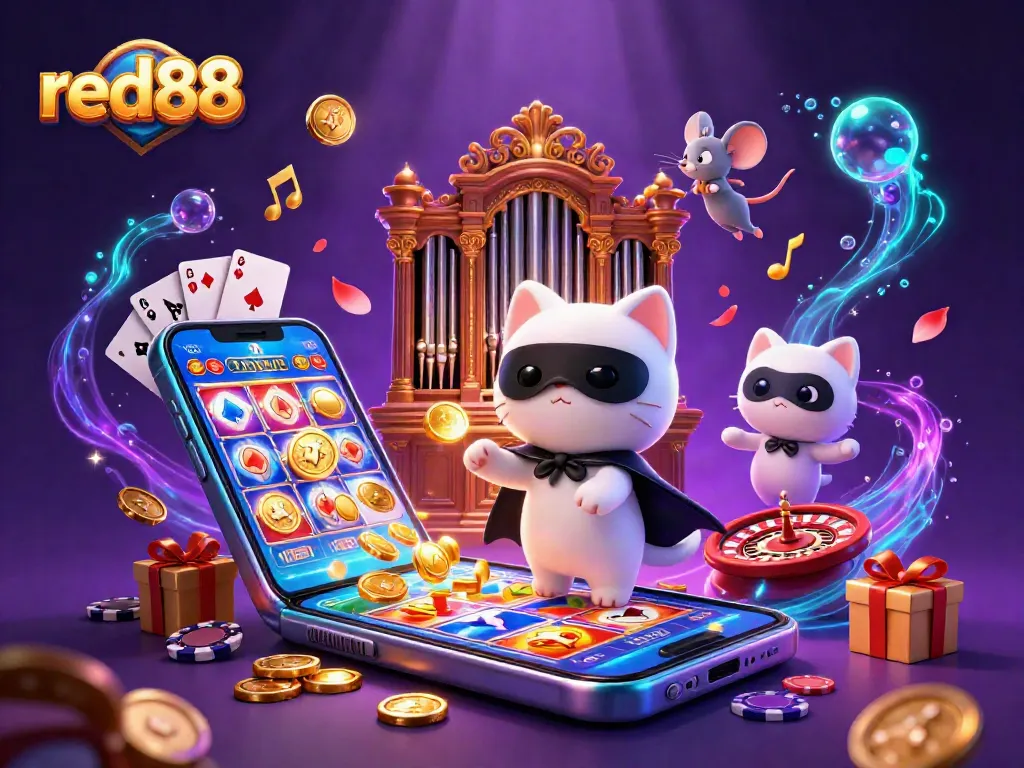 Experience the thrill at red88 with an exciting scene featuring a phantom cat and mouse acrobat at a casino.