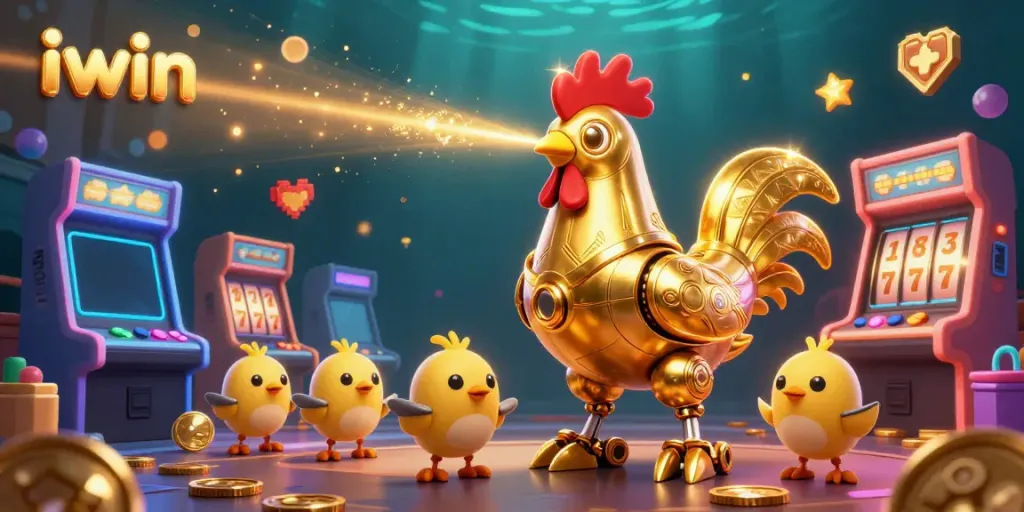 Engage in golden adventures at iwin with a dynamic 3D illustration featuring a golden robot and arcade elements.