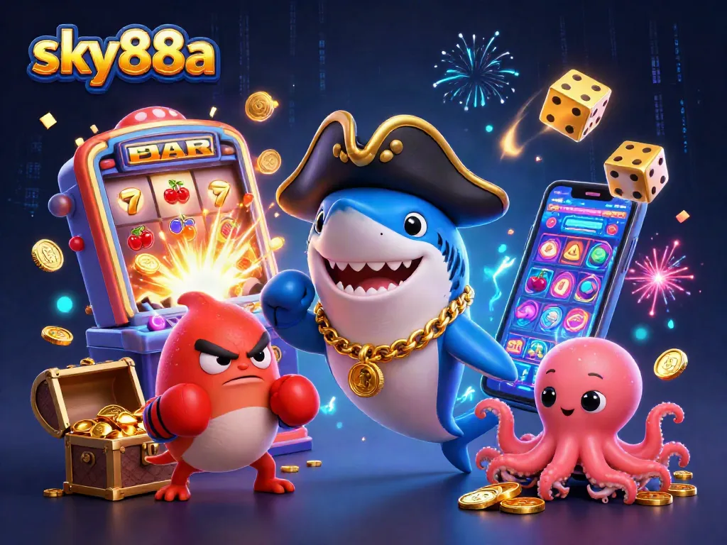 Engage with sky88a's animated casino adventure featuring a playful pirate shark, pufferfish, and octopus surrounded by slot game elements.