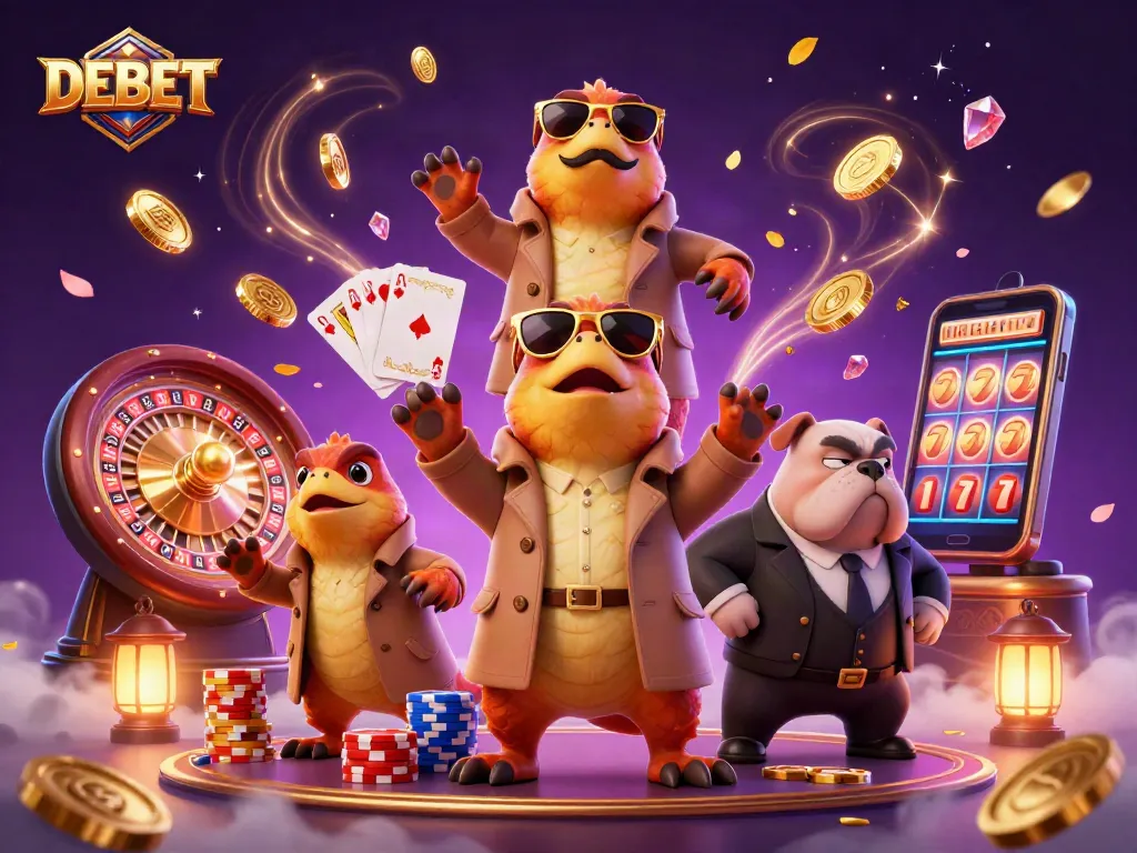 Join the DEBET action as raptors navigate a VIP casino, complete with games and treasures.