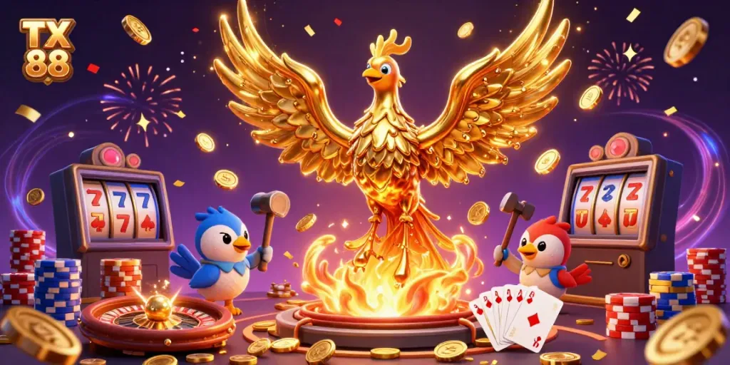 Experience the excitement of TX 88 casino with a golden phoenix and dazzling game elements.