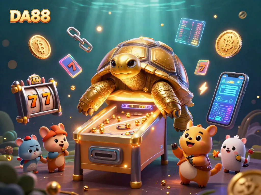 Experience thrilling gaming moments with DA88 in a vibrant casino environment featuring animated characters and slot elements.