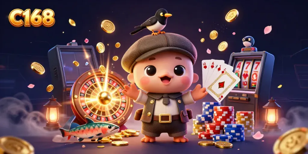 Join the excitement at C168 with vibrant characters amidst flying coins and sparkling gems.