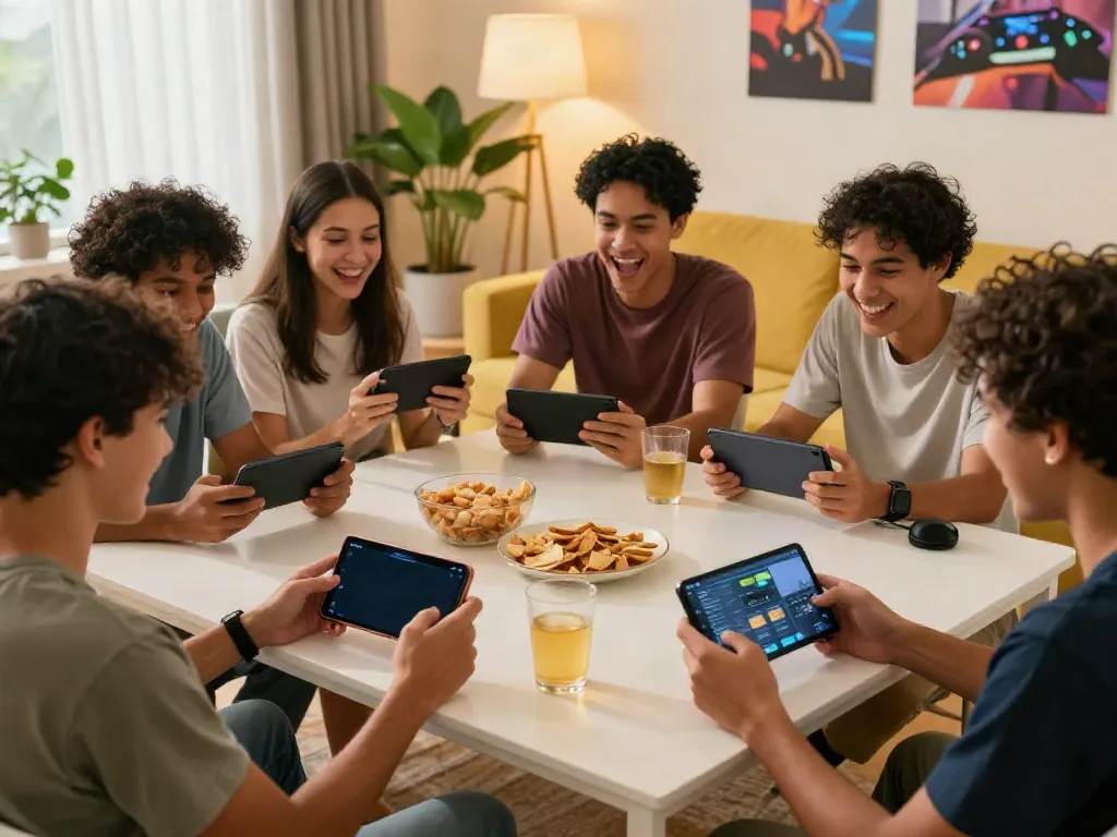 Friends enjoying games on smartphones, featuring cổng game sunwin, in a cozy living room.