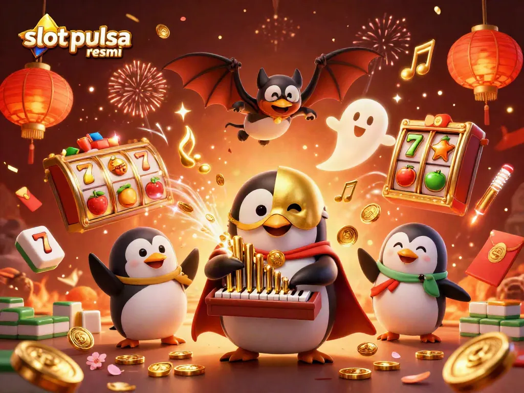 Engage with slot pulsa resmi in a vibrant 3D illustration of a penguin playing organ while coins fly, showcasing lively casino elements.