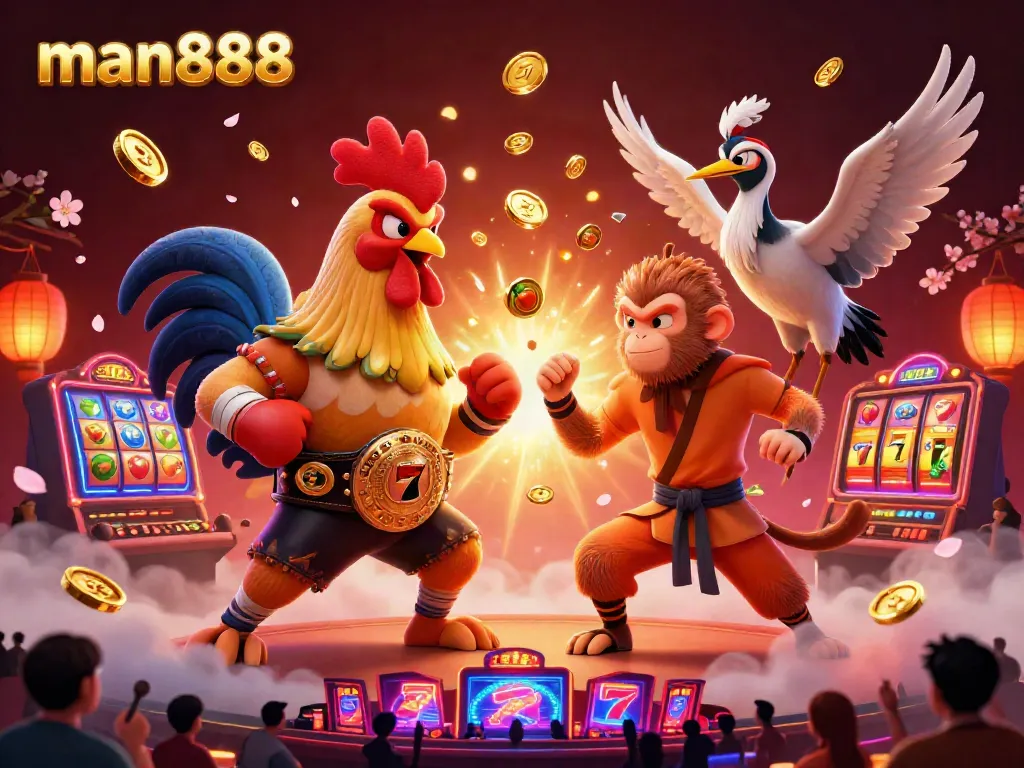 Glorious man888 cinematic scene where a Muay Thai rooster, Shaolin monkey, and wise crane master engage amid colorful slot reels and jackpots.