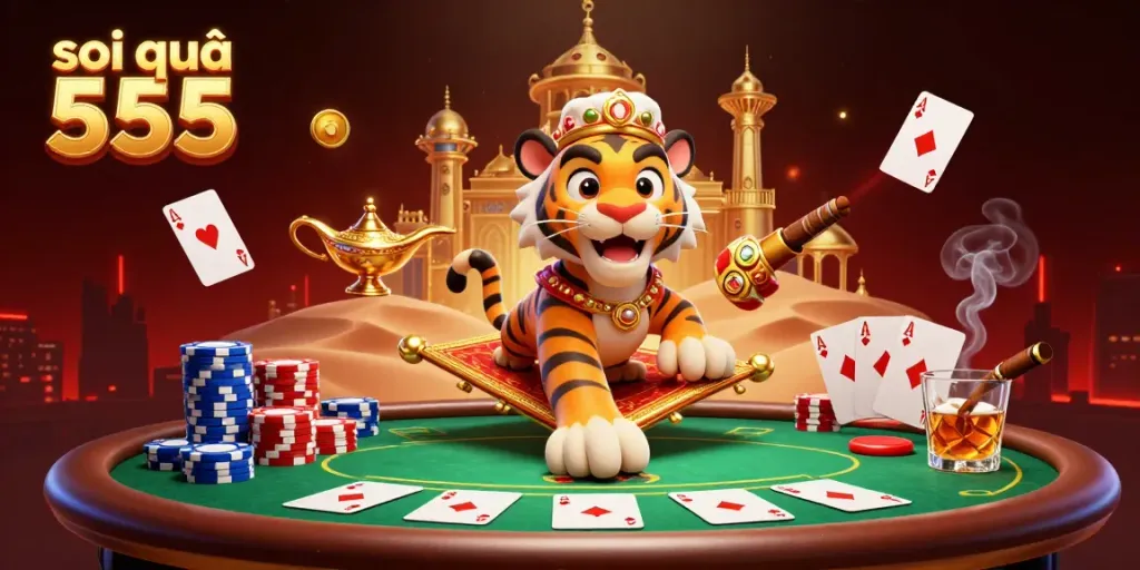 Soi cầu 555 featuring a tiger sultan on a flying carpet of poker chips in a vibrant casino scene.