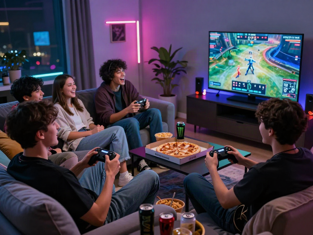 Friends enjoying an exciting gaming night with 먹튀스팟, relaxed atmosphere filled with laughter and snacks.